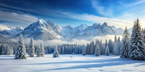 Serene Snowy Winter Landscape with Mountains and Trees