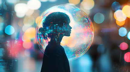 Digital Dream: A girl's silhouette encapsulated in a vibrant, iridescent bubble, amidst the...