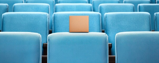 Obraz premium Cardboard Box on Empty Blue Seat in a Row of Chairs Audience Packaging Concept