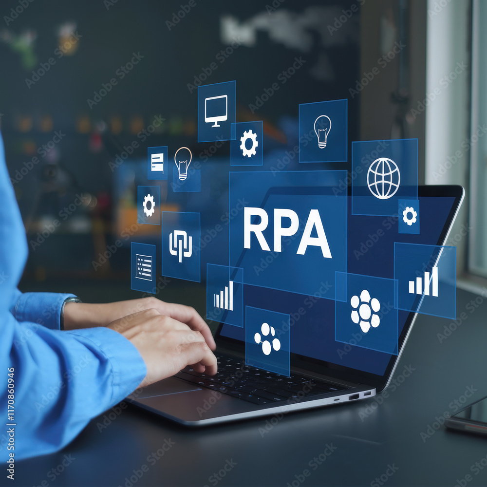 Aufkleber Innovative Robotic Process Automation Technology Concept Representing Automation Advantages with Visual Elements and Symbols for Business Efficiency and Productivity