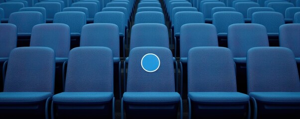 Obraz premium Empty Blue Auditorium Seats with Social Distancing Marker Reserved Seat Concept