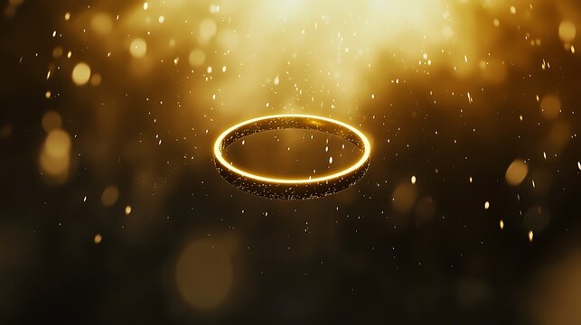 A golden circle is floating in the air with a lot of sparkles around it - Powered by Adobe