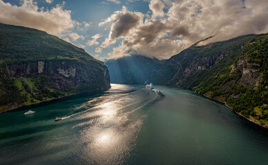 Geiranger fjord, Norway aerial photography.