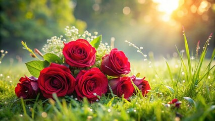 A delicate bouquet of crimson roses gently placed on a dew-kissed morning grass