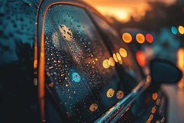 Rain drops on car window at sunset