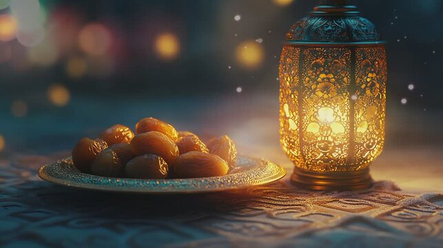 decorative plate of dates intricately designed with lantern and blurred background, empty space for decorative gift greeting design and text