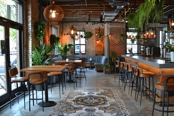 Rustic Industrial Restaurant Interior: Warm Lighting, Lush Greenery, and Stylish Seating