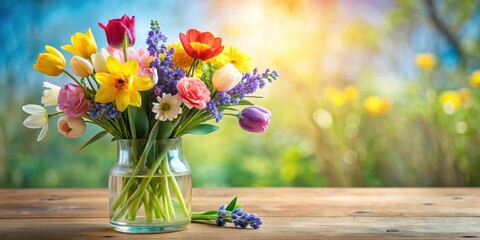 Colorful mix of spring flowers in a glass vase, vases, garden,  vases, garden,flowers