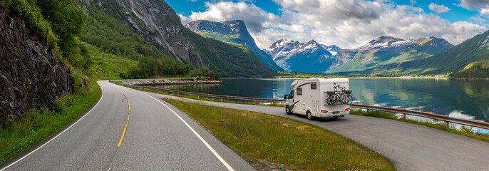 Family vacation travel RV, holiday trip in motorhome, Caravan car Vacation.