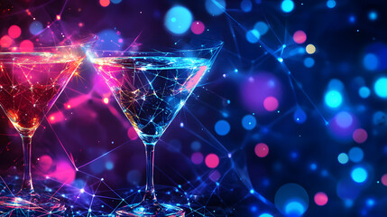 Neon Martini Night: Two vibrant martini glasses glow under neon lights, creating a dazzling cocktail scene perfect for party invitations, bar menus, or any project needing a touch of nightlife energy.