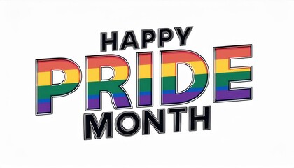 Fototapeta premium Vibrant Happy Pride Month Text in Bold Rainbow Colors with Brushstroke Effect Celebrating LGBTQ+ Community, Inclusivity, Equality, and Diversity. Perfect for Social Media Posts, Events, and Campaigns
