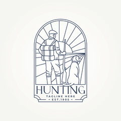 minimalist hunter with a dog line art icon badge logo vector illustration design. simple modern bird hunter club emblem logo concept