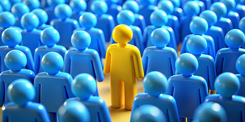 Obraz premium A singular yellow figure is surrounded by numerous blue figures, illustrating a stark contrast that highlights themes of uniqueness and individuality in a vibrant setting
