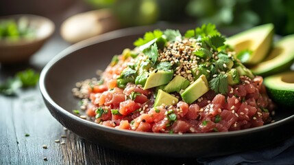 Delightful Presentation of Fresh Tuna Tartare with Avocado and Sesame Garnish for Fine Dining