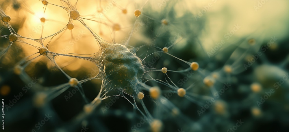 Poster neurons and synapses interconnected in neural network, abstract representation of brain activity and