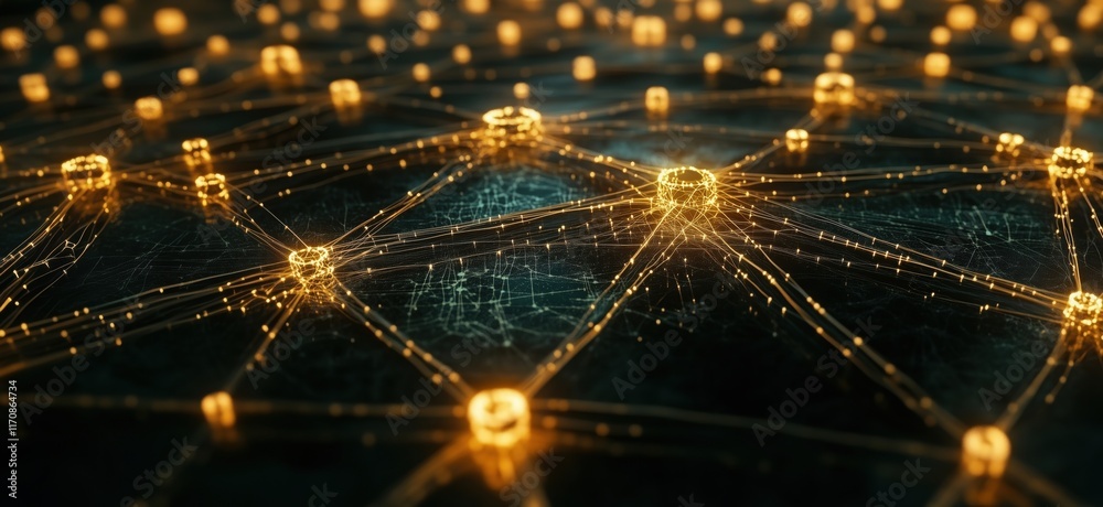 Poster digital network visualization with glowing nodes and interconnected lines representing data flow and