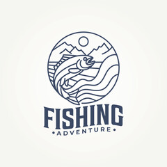 minimalist trout fish with mountain and lake line art icon badge logo vector illustration design. simple modern  fishing adventure club logo concept