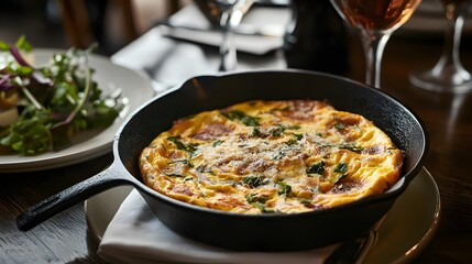 Delicious Rustic Frittata with Seasonal Vegetables and Cheese in a Skillet