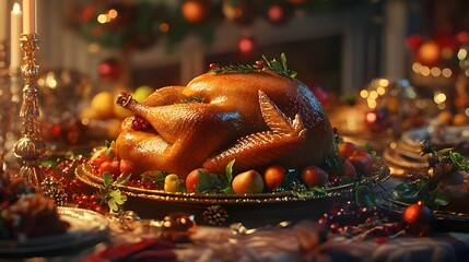 A Joyous Holiday Gathering Featuring a Delicious Turkey Roast Surrounded by Colorful Festive Decorations and Family Celebration