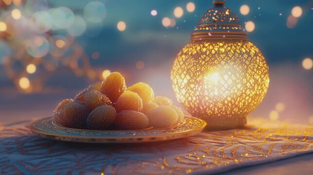 decorative plate of dates intricately designed with lantern and blurred background, empty space for decorative gift greeting design and text