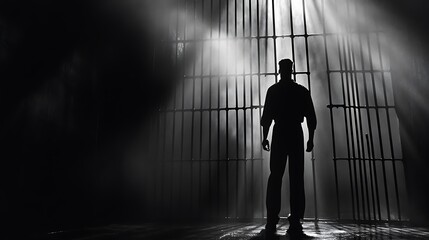 Silhouetted man stands before a jail cell, backlit by a shaft of light.