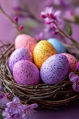 Obraz premium Easter composition with colored pastel Easter eggs in nest from willow branches on a pastel lilac background.