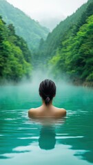 Fototapeta premium Serene Woman Relaxing in Tranquil Turquoise Hot Spring Mountain View