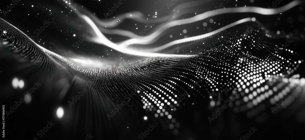 Poster Abstract black and white wave patterns with glowing dots and lines creating a digital landscape, representing technology and data visualization, copy space for text