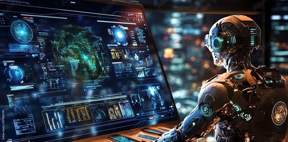 Poster cybernetic sentinel: monitoring global data streams with futuristic interface