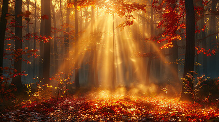 Fototapeta premium Autumn forest nature. Vivid morning in colorful forest with sun rays through branches of trees. Scenery of nature with sunlight
