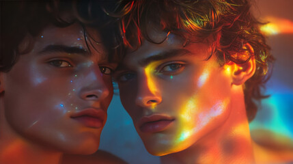 Obraz premium Portrait of Two Models With Vibrant Light Reflections Showcasing Queer Identity in an Artistic Setting