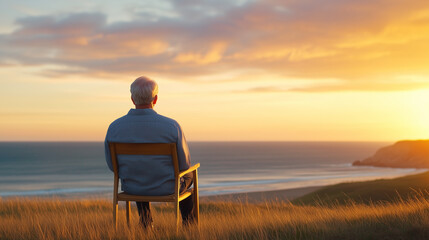 elderly man sitting on chair, gazing at beautiful sunset over ocean, evoking sense of peace and reflection