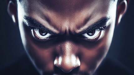 Angry man's close-up portrait, dark background, intense expression, film noir style