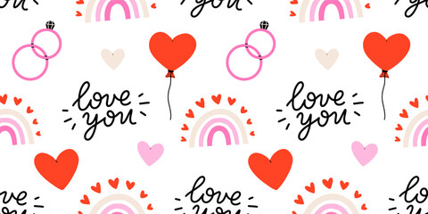 valentinValentine's Day seamless pattern with heart and other elements on a white background. Valentine's day, wedding and love concept. Vector background for wrapping paper, textile and others