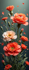 Fototapeta premium Vibrant flowers in coral and white tones against a dark background with copy space