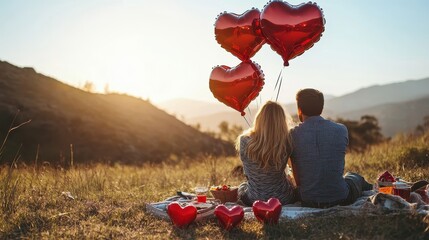 Couple enjoying a picnic under heart-shaped balloons on Valentine's Day
