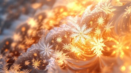An abstract composition of swirling snowflakes and warm colors, evoking the feeling of cozy winter nights spent by the fire.
