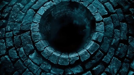 Deep circular well or pit constructed from stones