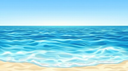 A serene beach scene with calm waves and a clear blue sky.