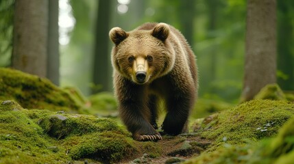 Fototapeta premium A brown bear walking through a lush, green forest, showcasing nature's wildlife.