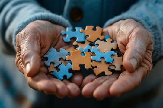 Close-up of elderly man's hands holding puzzle pieces, some of the pieces missing, symbolic of cognitive decline and memory loss.