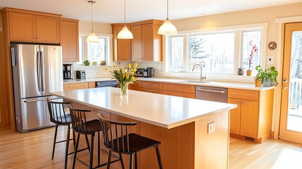 Fototapeta premium interior design kitchen island bar materials. A bright, modern kitchen featuring wooden cabinets, a large island, stainless steel appliances, and natural light streaming through ample windows.