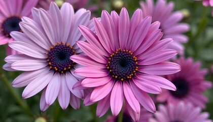 Obraz premium Vibrant gerbera daisies in shades of pink blooming beautifully in a lush garden