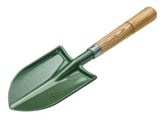 Green garden shovel with wooden handle, gardening tool, detailed illustration, isolated on white background.png