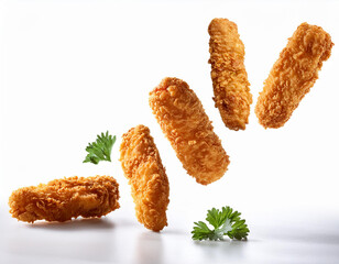 chicken fingers falling in white background