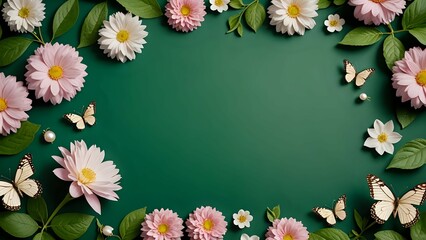 Elegant spring-themed background with pink and white flowers, green leaves, golden butterflies, and pearl accents framing an emerald green center. Ideal for greeting cards, invitations, social media, 