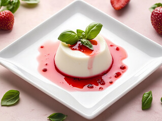 
An overhead shot of a creamy vanilla custard centered on a white plate with the Strawberry sauce 