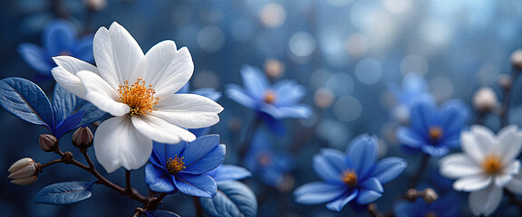 Elegant white and blue flowers beautifully arranged with a soft bokeh background