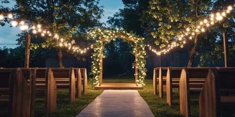 Fototapeta premium A beautifully lit outdoor wedding venue with an arch and wooden seating.
