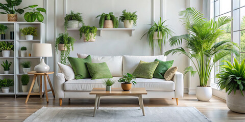 A beautifully arranged living room showcases a comfortable white sofa adorned with green cushions. Lush indoor plants enhance the space, while large windows let in abundant natural light